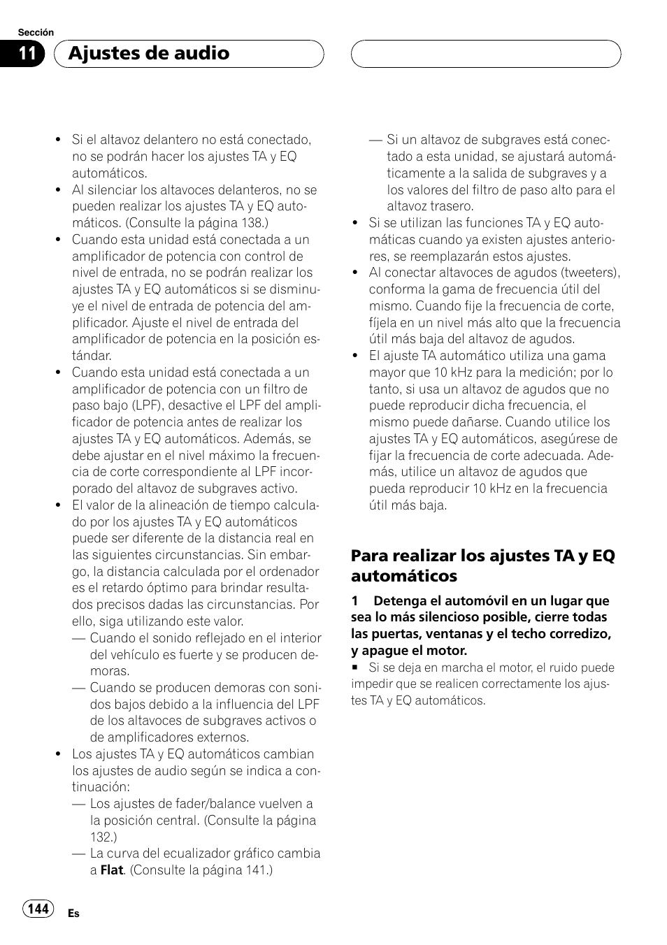 Para realizar los ajustes ta y eq, Automáticos, Ajustes de audio | Para realizar los ajustes ta y eq automáticos | Pioneer Super Tuner III D DEH-P80RS User Manual | Page 144 / 165