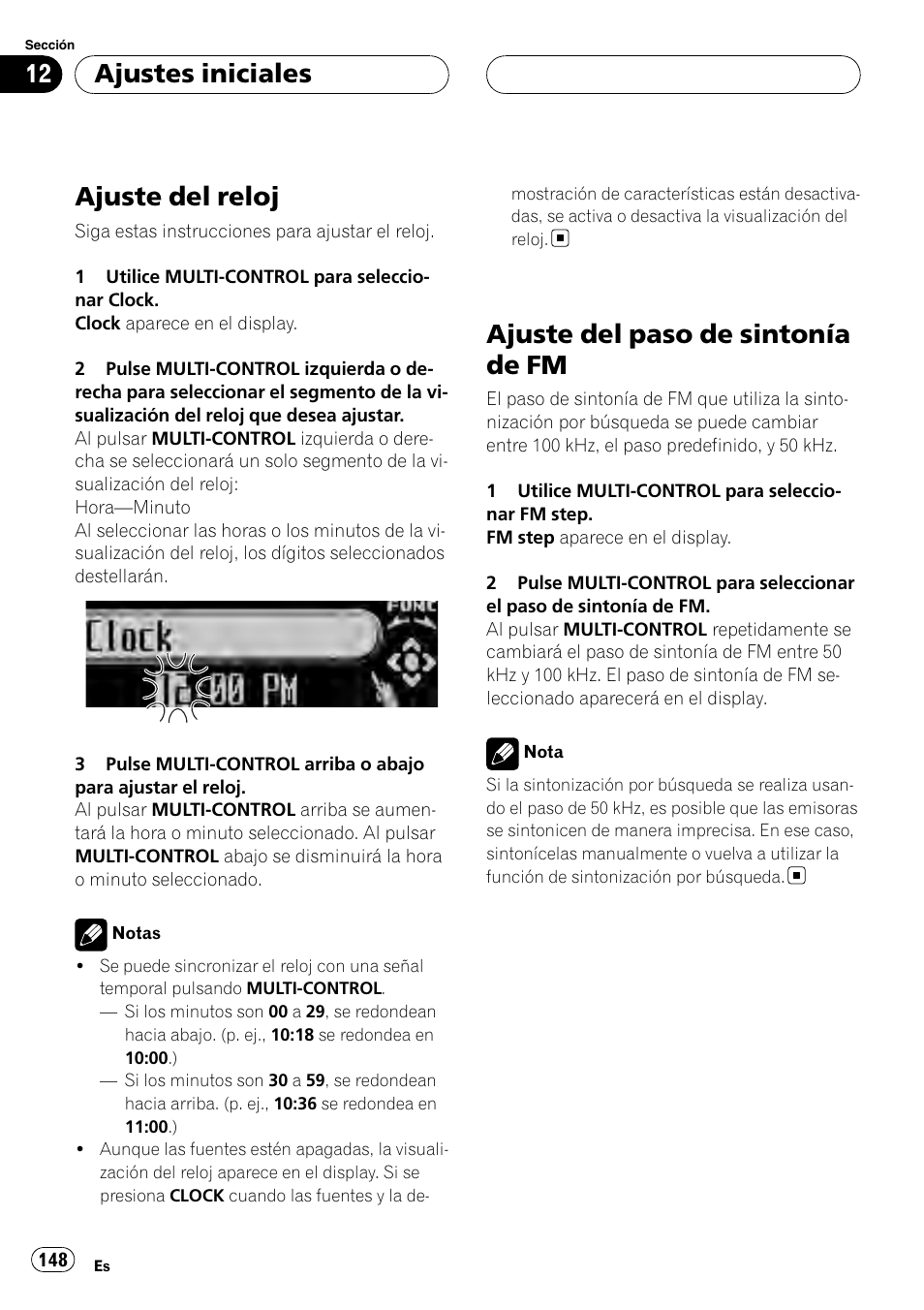 Ajuste del reloj, Ajuste del paso de sintonía de fm, Ajustes iniciales | Pioneer Super Tuner III D DEH-P80RS User Manual | Page 148 / 165