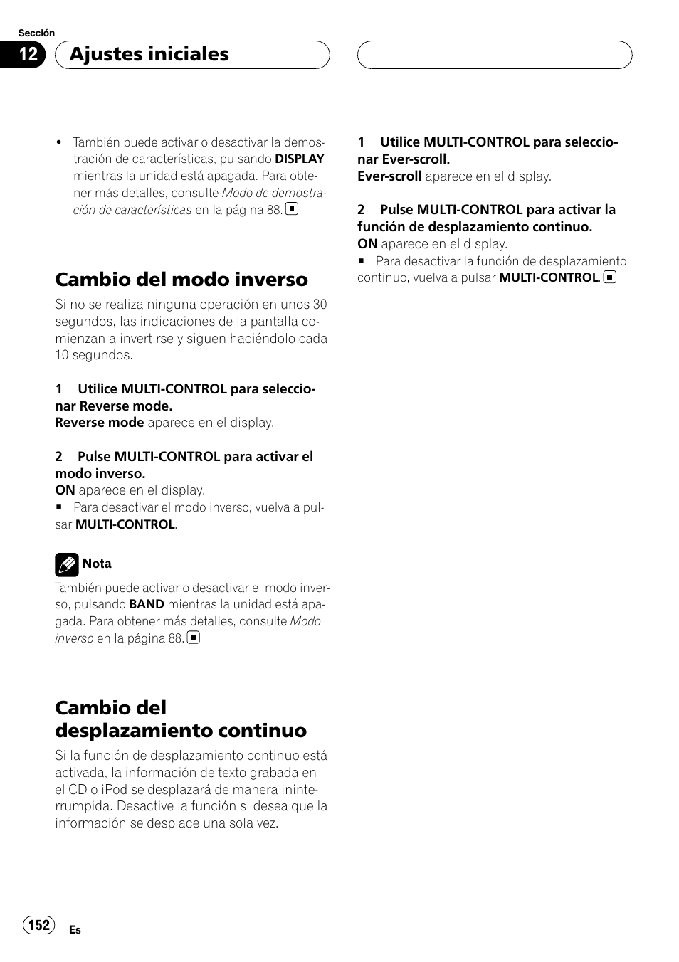 Cambio del modo inverso, Cambio del desplazamiento continuo, Ajustes iniciales | Pioneer Super Tuner III D DEH-P80RS User Manual | Page 152 / 165