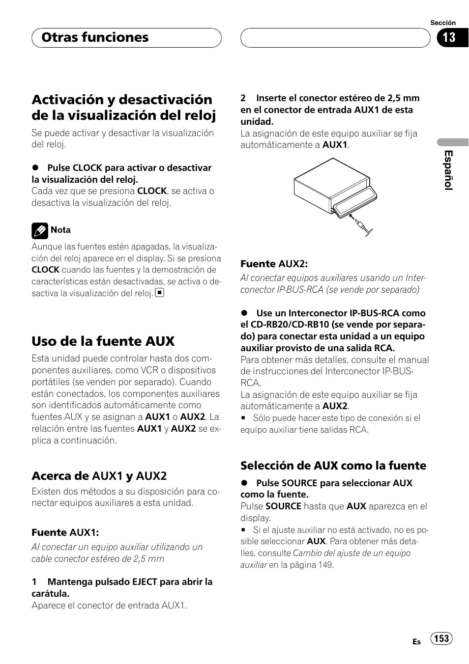 Del reloj, Uso de la fuente aux, Acerca de aux1 y aux2 153 | Selección de aux como la fuente 153, Otras funciones | Pioneer Super Tuner III D DEH-P80RS User Manual | Page 153 / 165