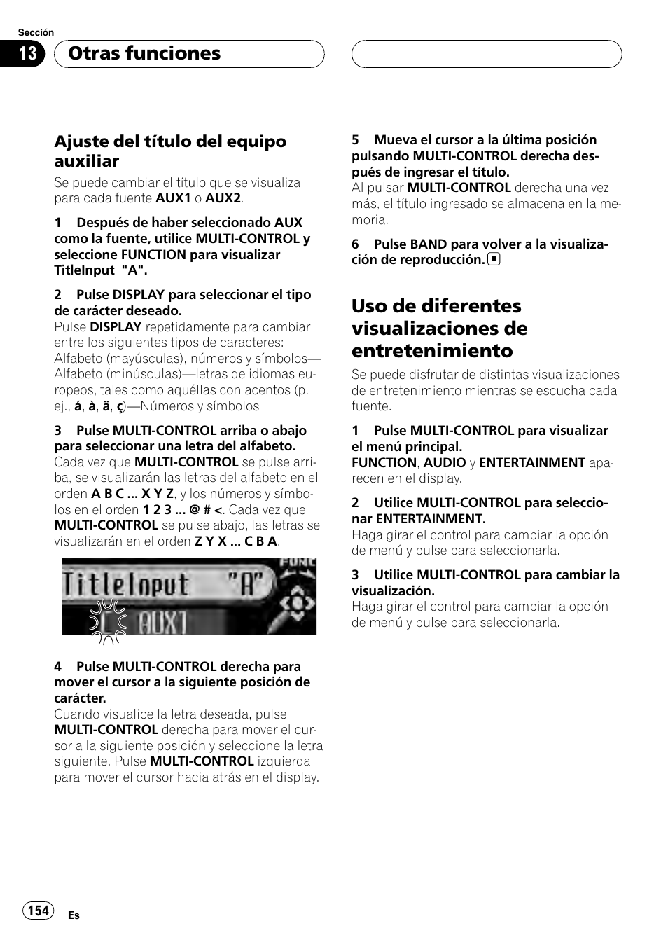 Ajuste del título del equipo, Auxiliar, Uso de diferentes visualizaciones de | Entretenimiento, Otras funciones, Ajuste del título del equipo auxiliar | Pioneer Super Tuner III D DEH-P80RS User Manual | Page 154 / 165