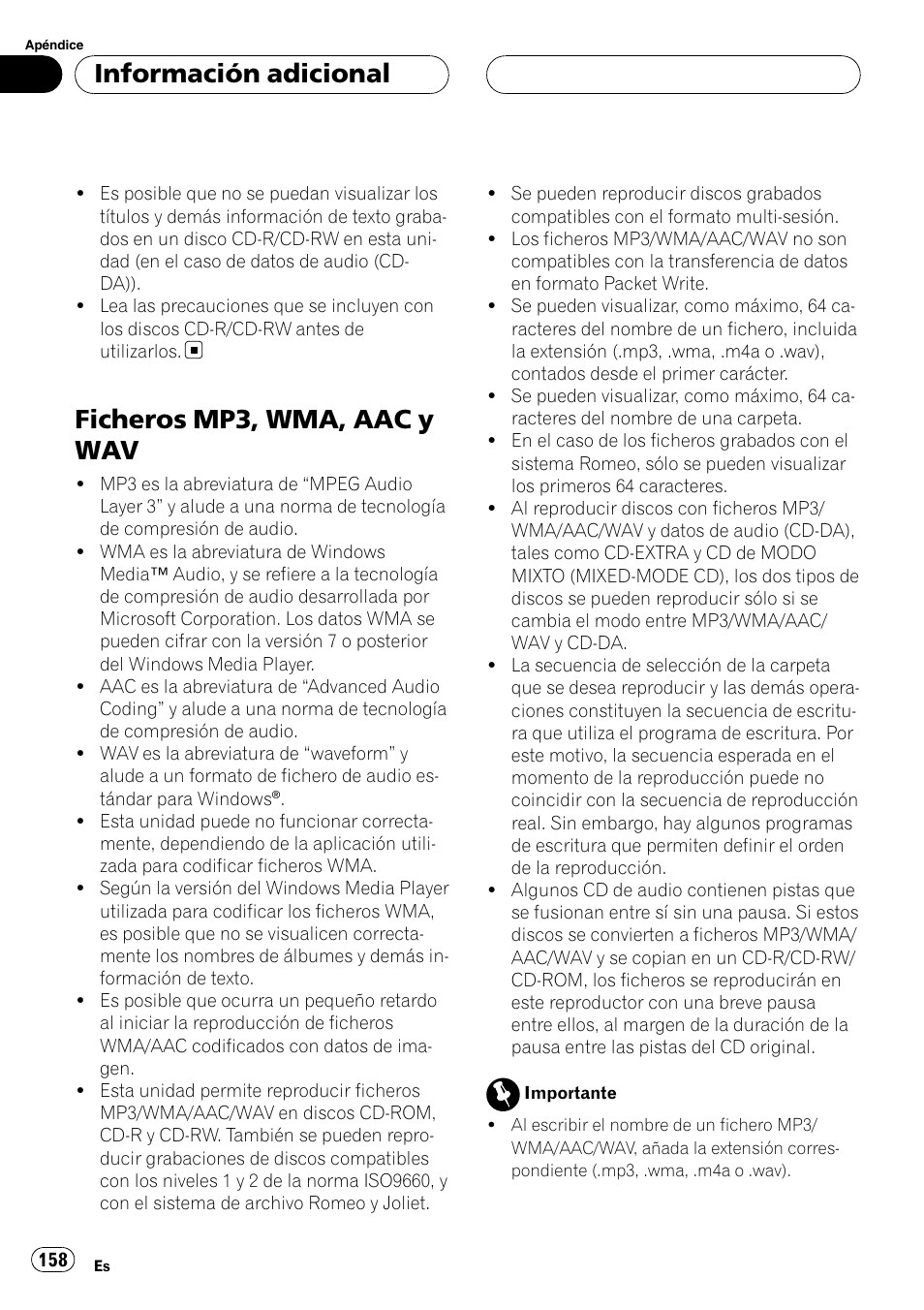 Ficheros mp3, wma, aac y wav, Información adicional | Pioneer Super Tuner III D DEH-P80RS User Manual | Page 158 / 165