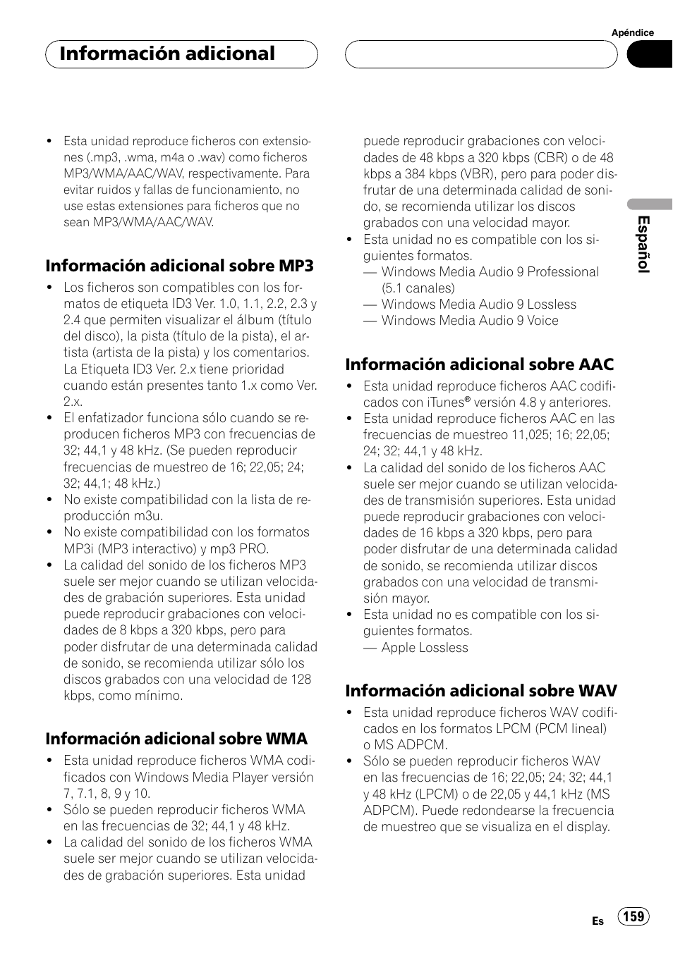 Información adicional sobre mp3 159, Información adicional sobre, Información adicional sobre aac 159 | Información adicional sobre wav 159, Información adicional, Información adicional sobre mp3, Información adicional sobre wma, Información adicional sobre aac, Información adicional sobre wav | Pioneer Super Tuner III D DEH-P80RS User Manual | Page 159 / 165