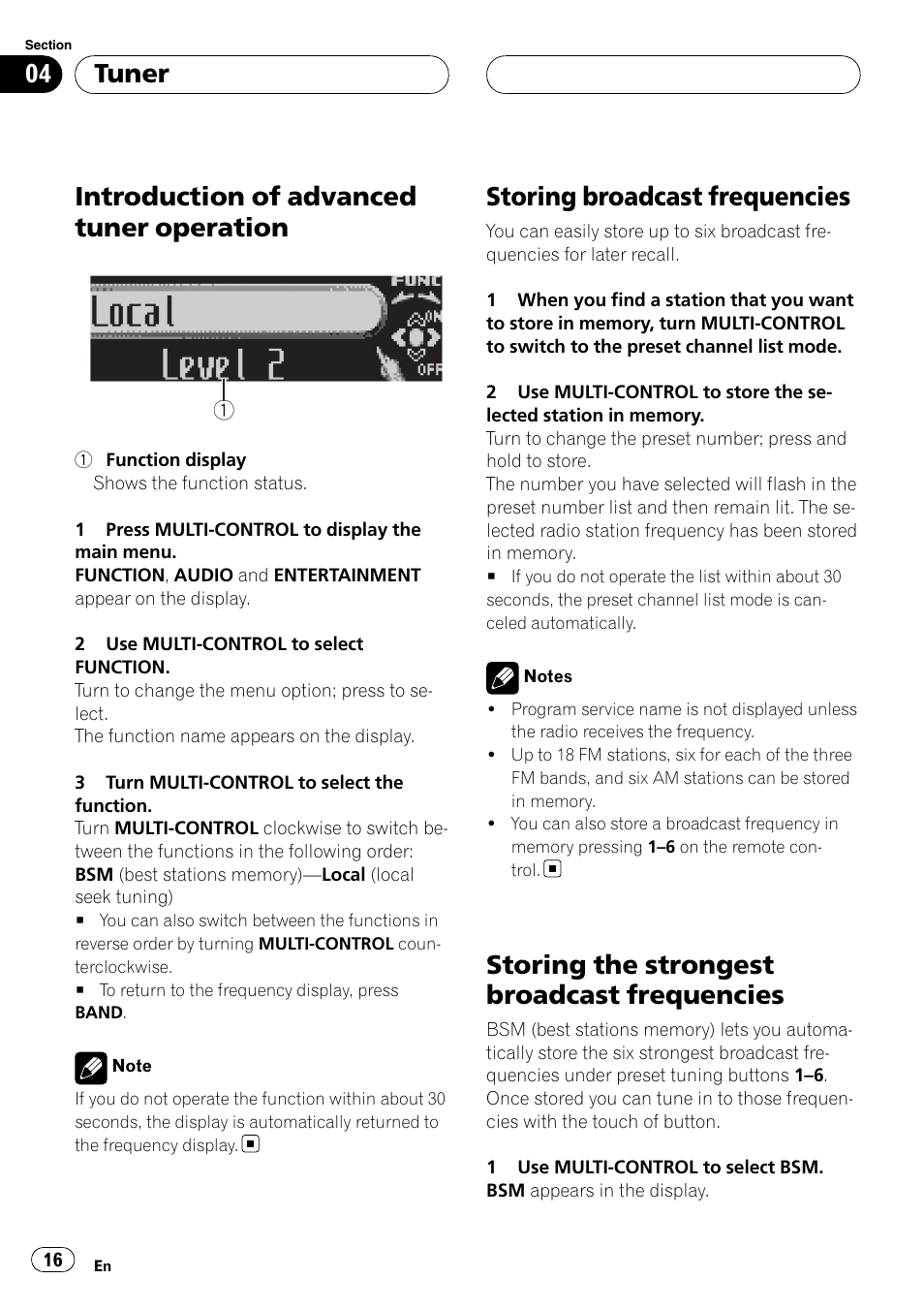 Introduction of advanced tuner, Operation, Storing broadcast frequencies | Storing the strongest broadcast, Frequencies, Introduction of advanced tuner operation, Storing the strongest broadcast frequencies, Tuner | Pioneer Super Tuner III D DEH-P80RS User Manual | Page 16 / 165