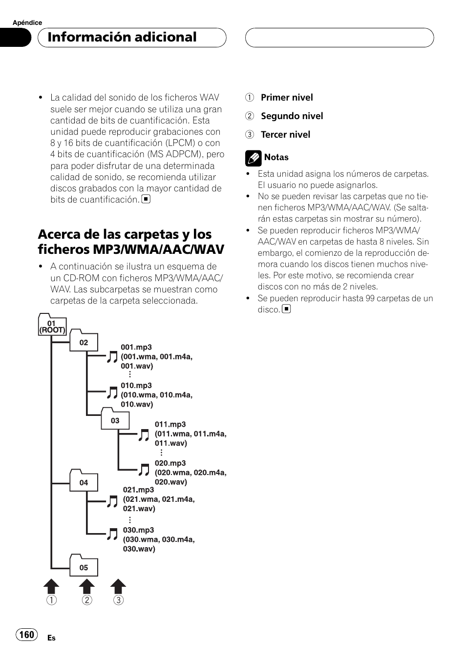 Acerca de las carpetas y los ficheros mp3, Wma/aac/wav, Información adicional | Pioneer Super Tuner III D DEH-P80RS User Manual | Page 160 / 165