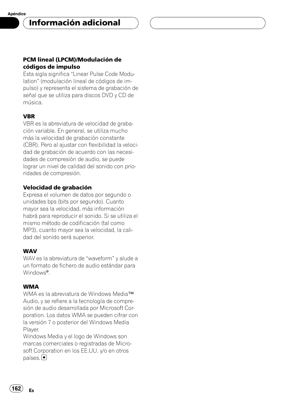 Información adicional | Pioneer Super Tuner III D DEH-P80RS User Manual | Page 162 / 165