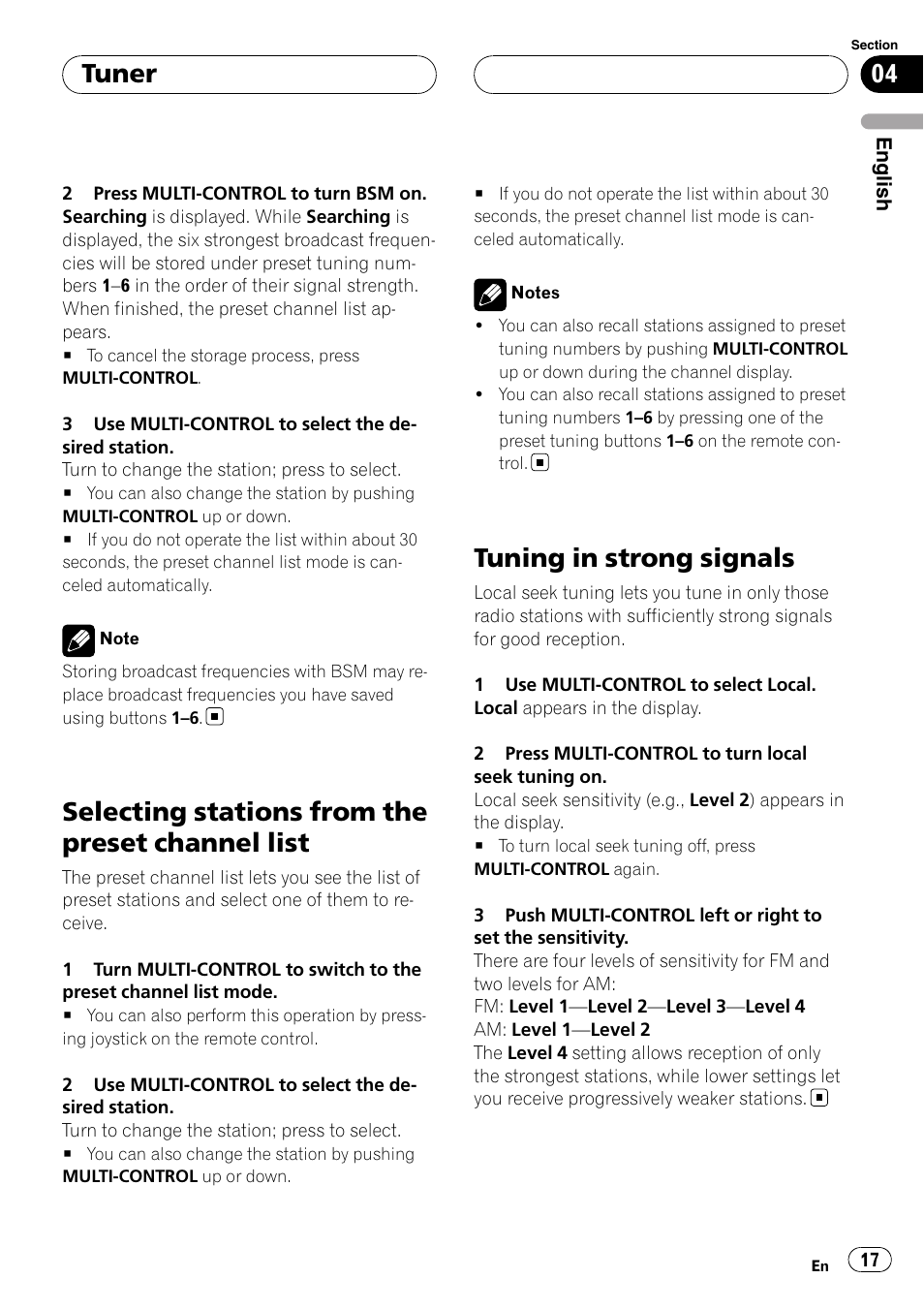 Selecting stations from the preset channel, List, Tuning in strong signals | Selecting stations from the preset channel list, Tuner | Pioneer Super Tuner III D DEH-P80RS User Manual | Page 17 / 165