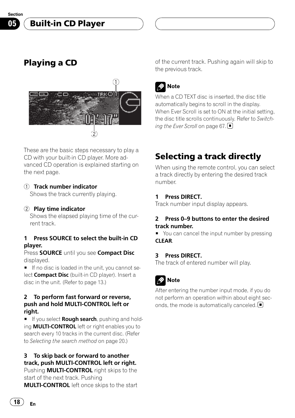 Built-in cd player playing a cd, Selecting a track directly, Playing a cd | Built-in cd player | Pioneer Super Tuner III D DEH-P80RS User Manual | Page 18 / 165