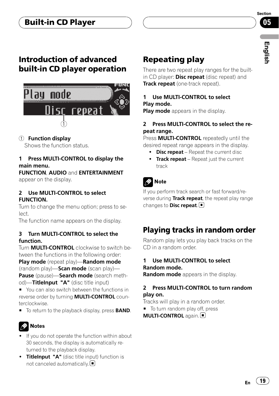 Introduction of advanced built-in cd player, Operation, Repeating play | Playing tracks in random order, Built-in cd player | Pioneer Super Tuner III D DEH-P80RS User Manual | Page 19 / 165