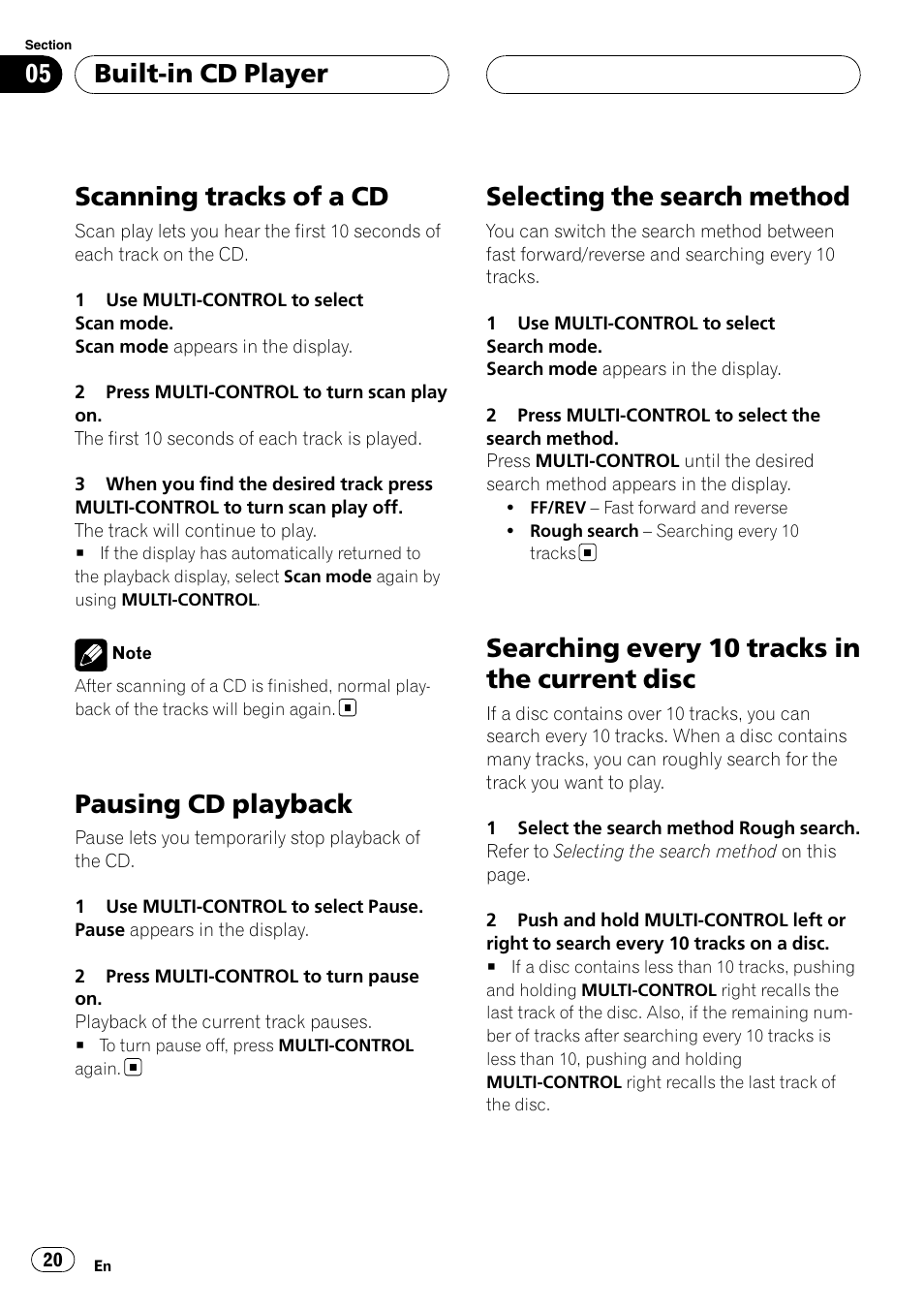 Scanning tracks of a cd, Pausing cd playback, Selecting the search method | Searching every 10 tracks in the current, Disc, Searching every 10 tracks in the current disc, Built-in cd player | Pioneer Super Tuner III D DEH-P80RS User Manual | Page 20 / 165