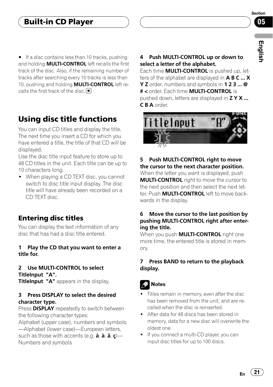 Using disc title functions, Entering disc titles 21, Built-in cd player | Entering disc titles | Pioneer Super Tuner III D DEH-P80RS User Manual | Page 21 / 165