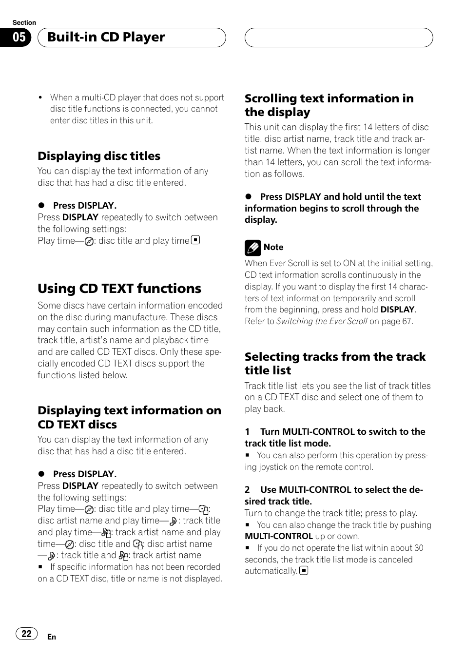 Displaying disc titles 22, Using cd text functions, Displaying text information on cd text | Discs, Scrolling text information in the, Display, Selecting tracks from the track title, List, Built-in cd player, Displaying disc titles | Pioneer Super Tuner III D DEH-P80RS User Manual | Page 22 / 165