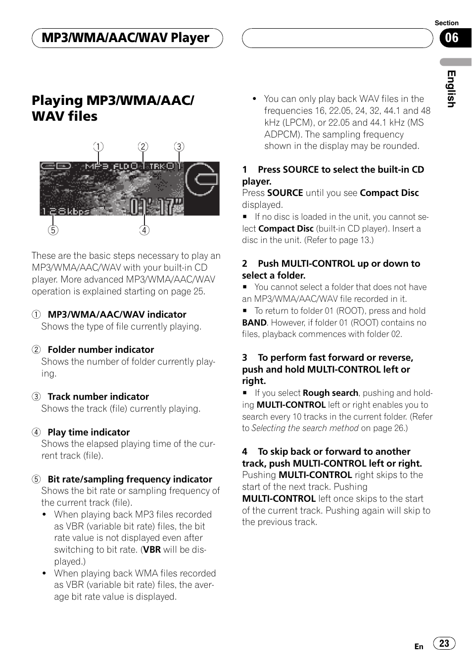 Playing mp3/wma/aac/ wav files, Mp3/wma/aac/wav player | Pioneer Super Tuner III D DEH-P80RS User Manual | Page 23 / 165