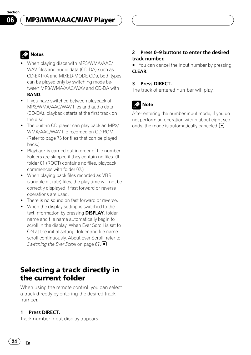 Selecting a track directly in the current, Folder, Selecting a track directly in the current folder | Mp3/wma/aac/wav player | Pioneer Super Tuner III D DEH-P80RS User Manual | Page 24 / 165