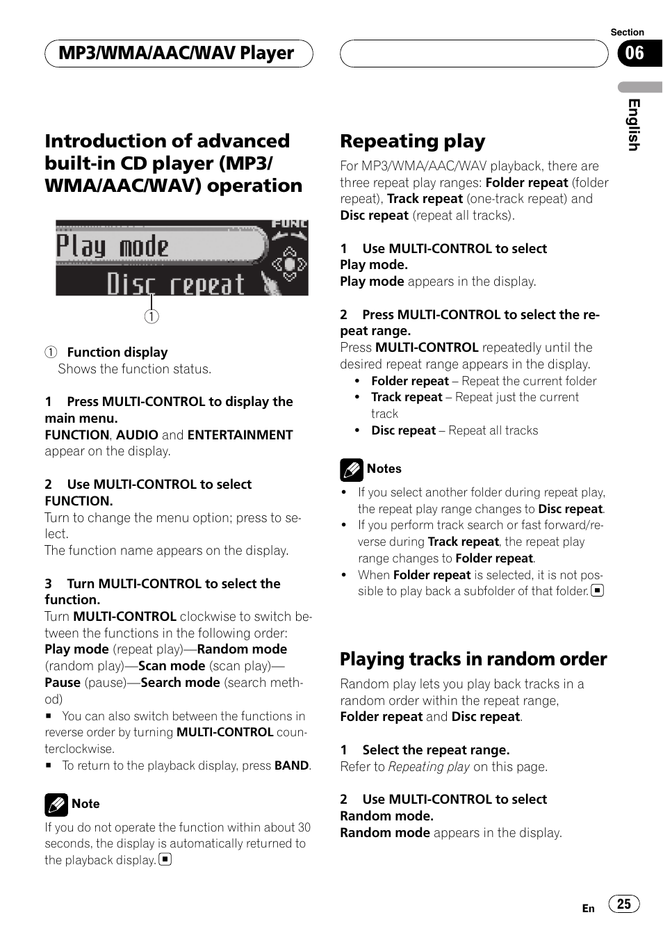Introduction of advanced built-in cd player, Mp3/wma/aac/wav) operation, Repeating play | Playing tracks in random order, Mp3/wma/aac/wav player | Pioneer Super Tuner III D DEH-P80RS User Manual | Page 25 / 165