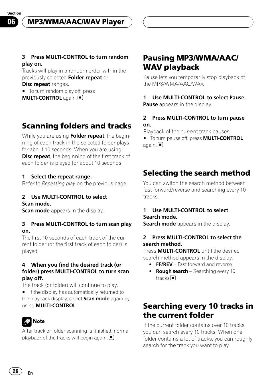 Scanning folders and tracks, Pausing mp3/wma/aac/wav playback, Selecting the search method | Searching every 10 tracks in the current, Folder, Pausing mp3/wma/aac/ wav playback, Searching every 10 tracks in the current folder, Mp3/wma/aac/wav player | Pioneer Super Tuner III D DEH-P80RS User Manual | Page 26 / 165