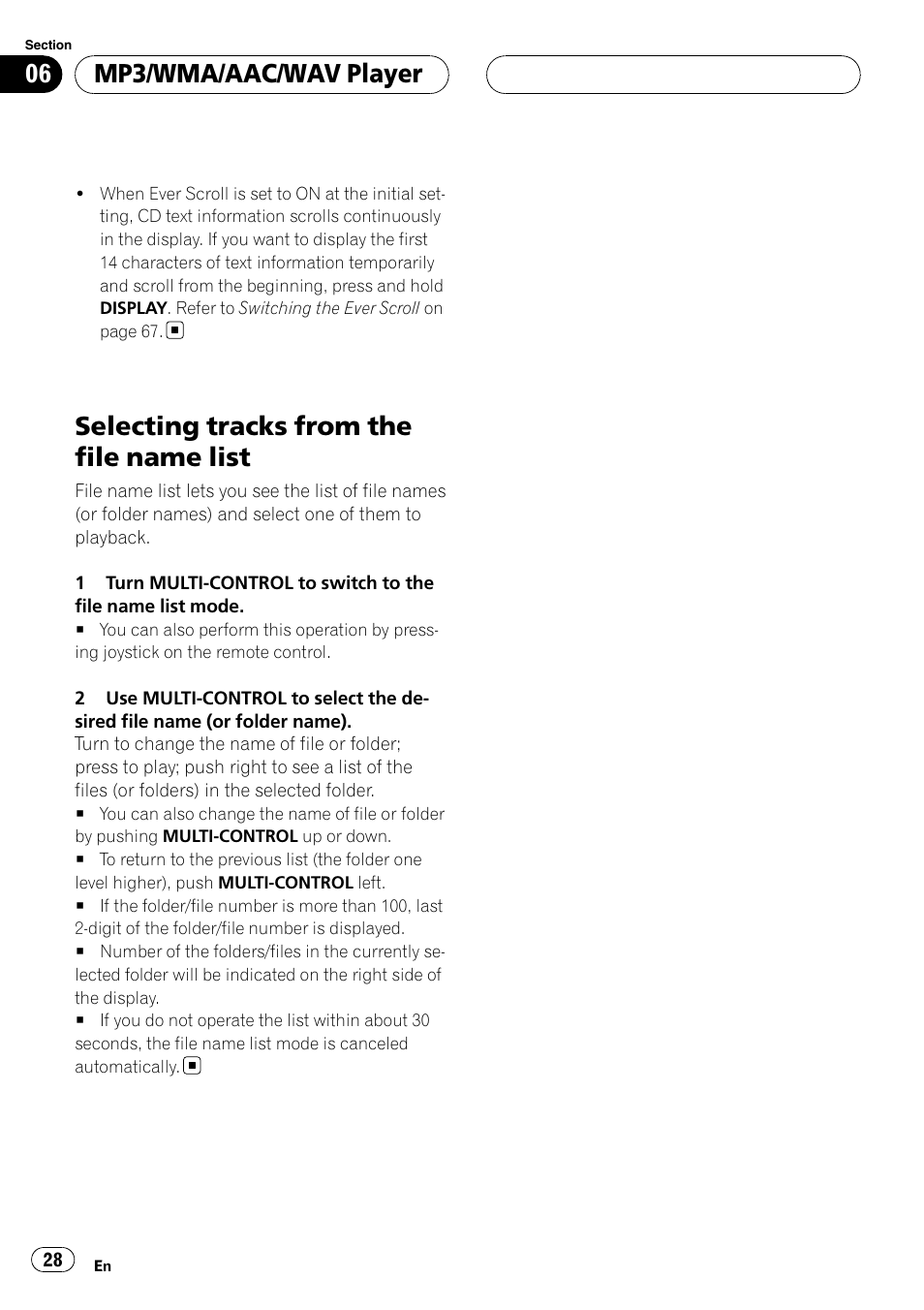 Selecting tracks from the file name list, Mp3/wma/aac/wav player | Pioneer Super Tuner III D DEH-P80RS User Manual | Page 28 / 165