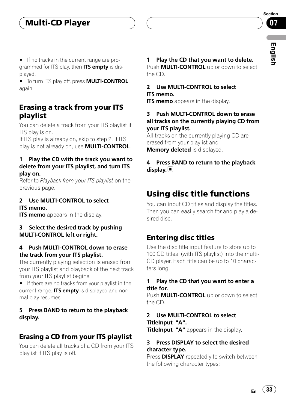 Erasing a track from your its, Playlist, Erasing a cd from your its playlist 33 | Using disc title functions, Entering disc titles 33, Multi-cd player, Erasing a track from your its playlist, Erasing a cd from your its playlist, Entering disc titles | Pioneer Super Tuner III D DEH-P80RS User Manual | Page 33 / 165