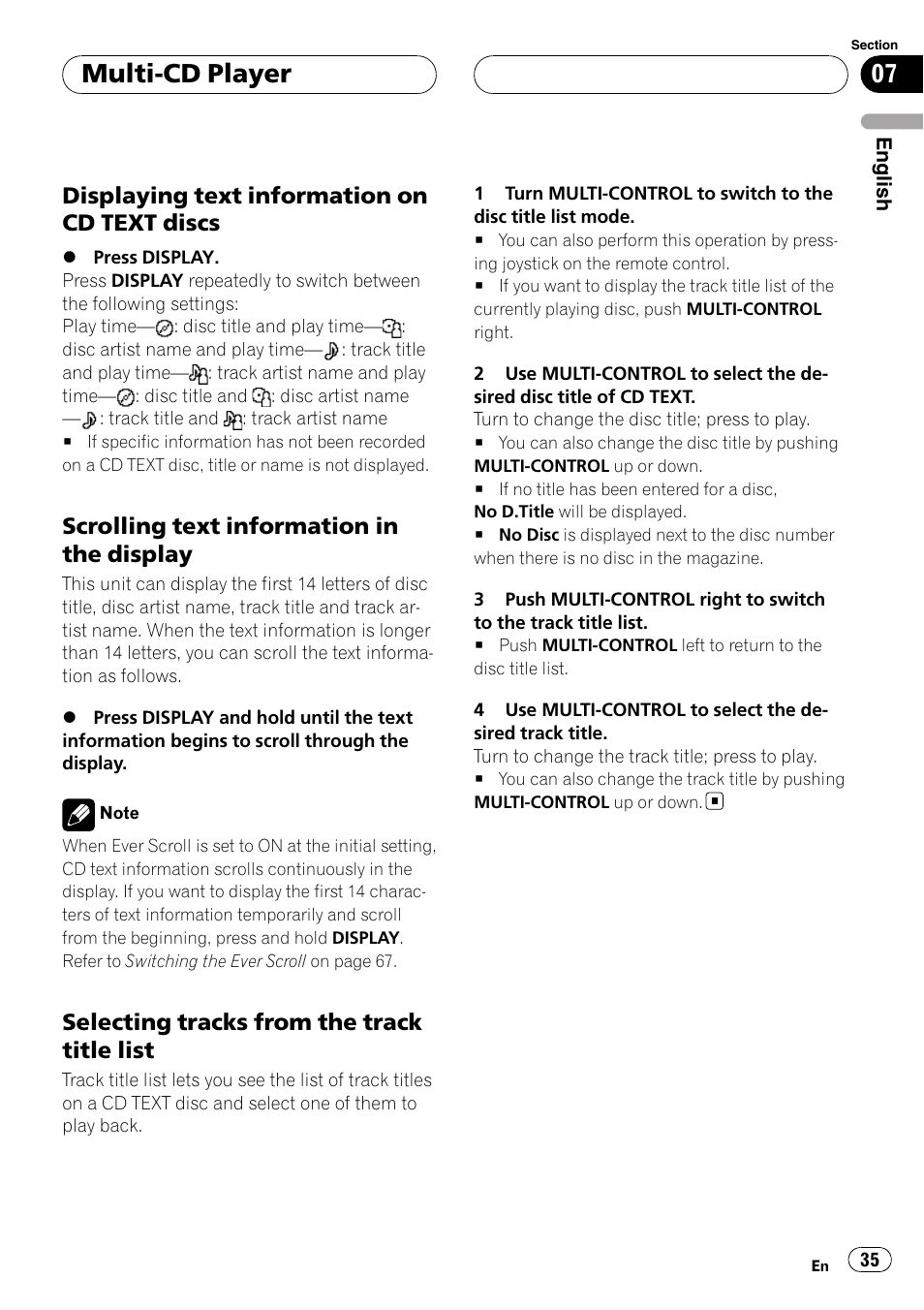 Displaying text information on cd text, Discs, Scrolling text information in the | Display, Selecting tracks from the track title, List, Multi-cd player, Displaying text information on cd text discs, Scrolling text information in the display, Selecting tracks from the track title list | Pioneer Super Tuner III D DEH-P80RS User Manual | Page 35 / 165