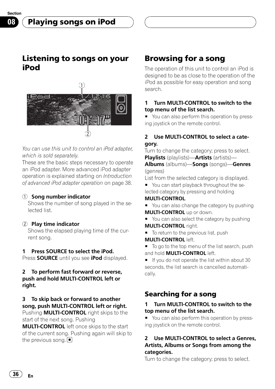 Browsing for a song, Searching for a song 36, Listening to songs on your ipod | Playing songs on ipod | Pioneer Super Tuner III D DEH-P80RS User Manual | Page 36 / 165