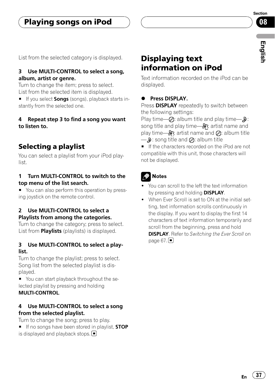 Selecting a playlist 37, Displaying text information on ipod, Playing songs on ipod | Selecting a playlist | Pioneer Super Tuner III D DEH-P80RS User Manual | Page 37 / 165