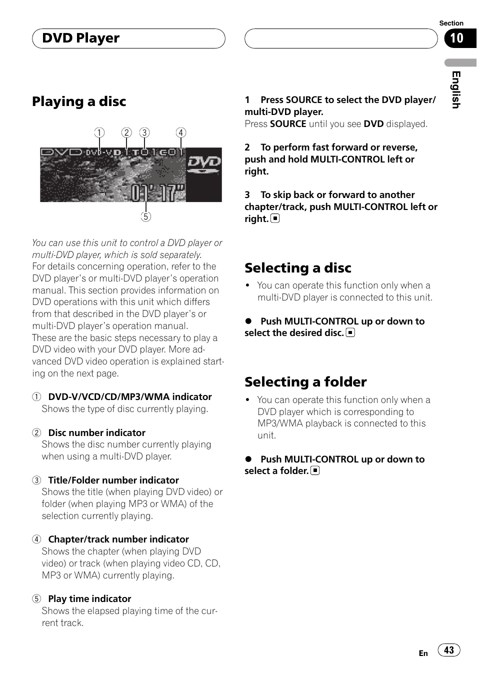 Dvd player playing a disc, Selecting a disc, Selecting a folder | Playing a disc, Dvd player | Pioneer Super Tuner III D DEH-P80RS User Manual | Page 43 / 165