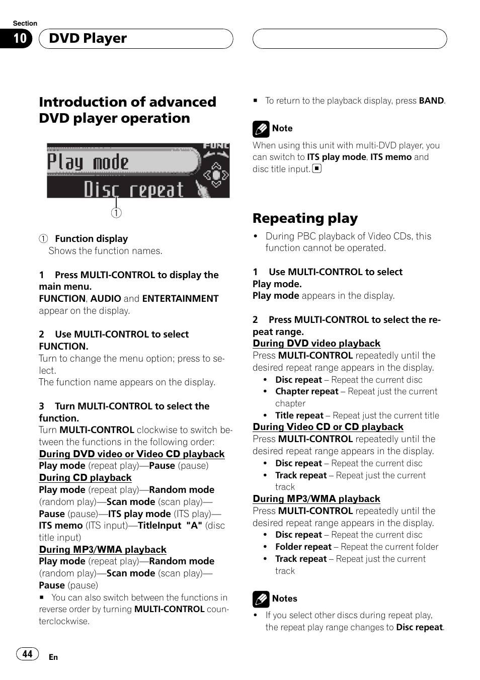 Introduction of advanced dvd player, Operation, Repeating play | Introduction of advanced dvd player operation, Dvd player | Pioneer Super Tuner III D DEH-P80RS User Manual | Page 44 / 165