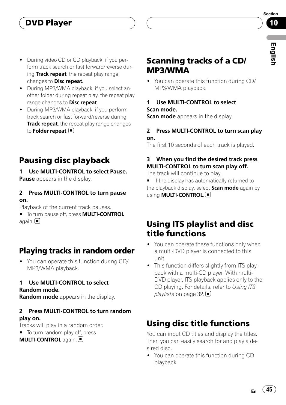 Pausing disc playback, Playing tracks in random order, Scanning tracks of a cd/mp3/wma | Using its playlist and disc title functions, Using disc title functions, Scanning tracks of a cd/ mp3/wma, Dvd player | Pioneer Super Tuner III D DEH-P80RS User Manual | Page 45 / 165