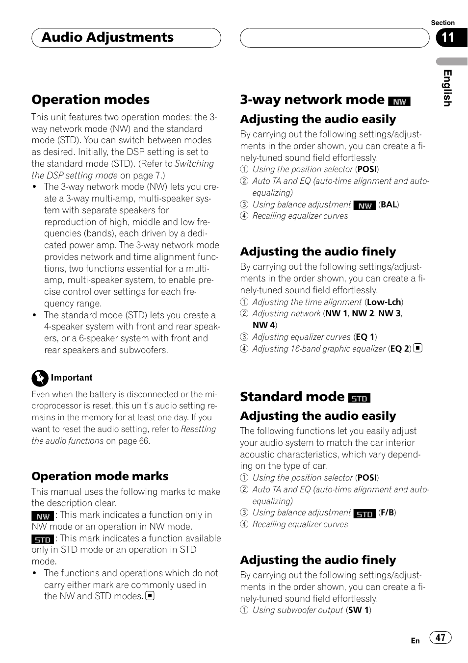 Audio adjustments operation modes, Operation mode marks 47, Way network mode | Adjusting the audio easily 47, Adjusting the audio finely 47, Standard mode, Operation modes, Audio adjustments | Pioneer Super Tuner III D DEH-P80RS User Manual | Page 47 / 165