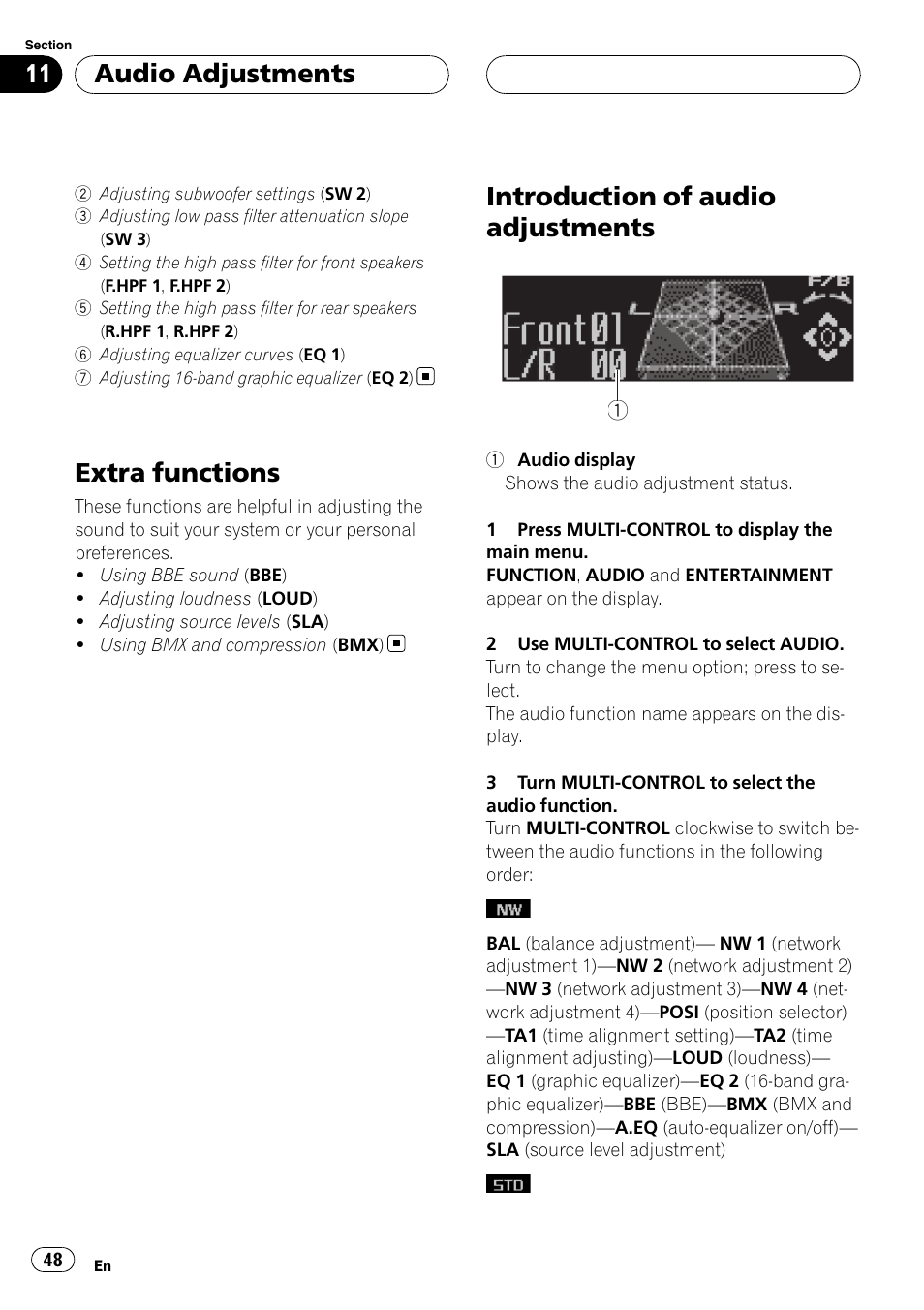 Extra functions, Introduction of audio adjustments, Audio adjustments | Pioneer Super Tuner III D DEH-P80RS User Manual | Page 48 / 165