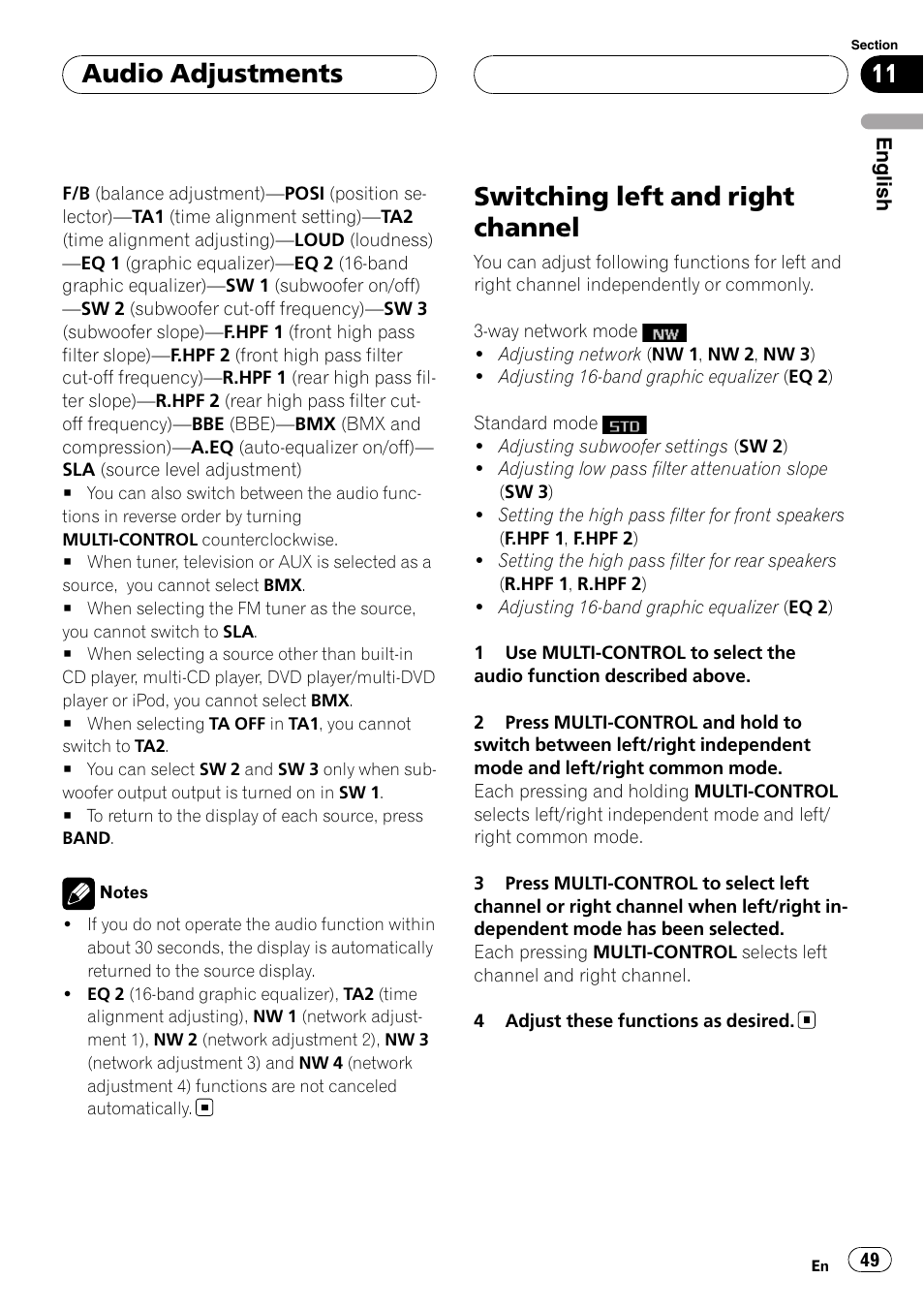 Switching left and right channel, Audio adjustments | Pioneer Super Tuner III D DEH-P80RS User Manual | Page 49 / 165