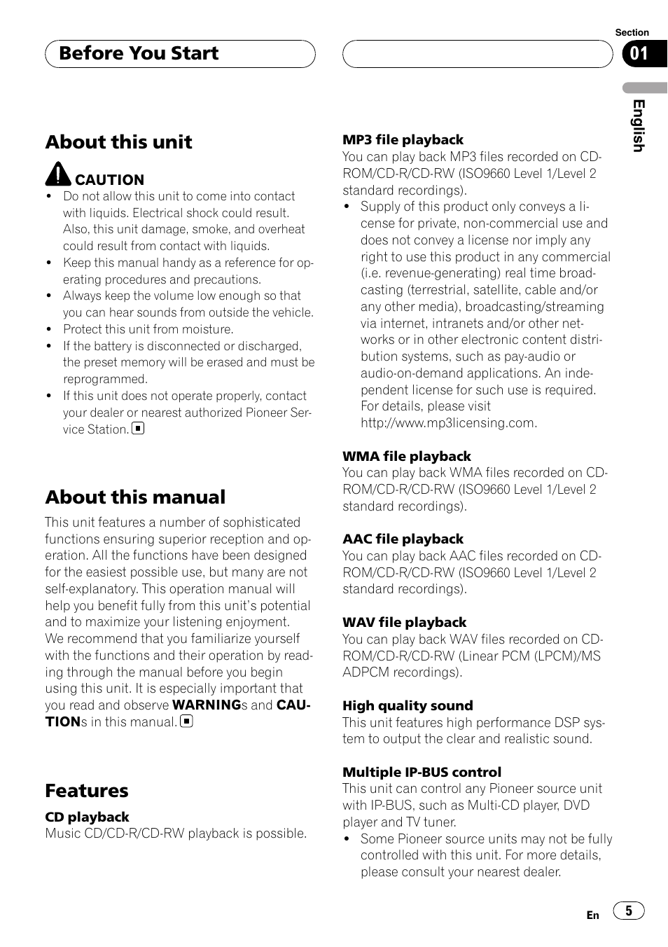 Before you start, About this unit, About this manual | Features | Pioneer Super Tuner III D DEH-P80RS User Manual | Page 5 / 165