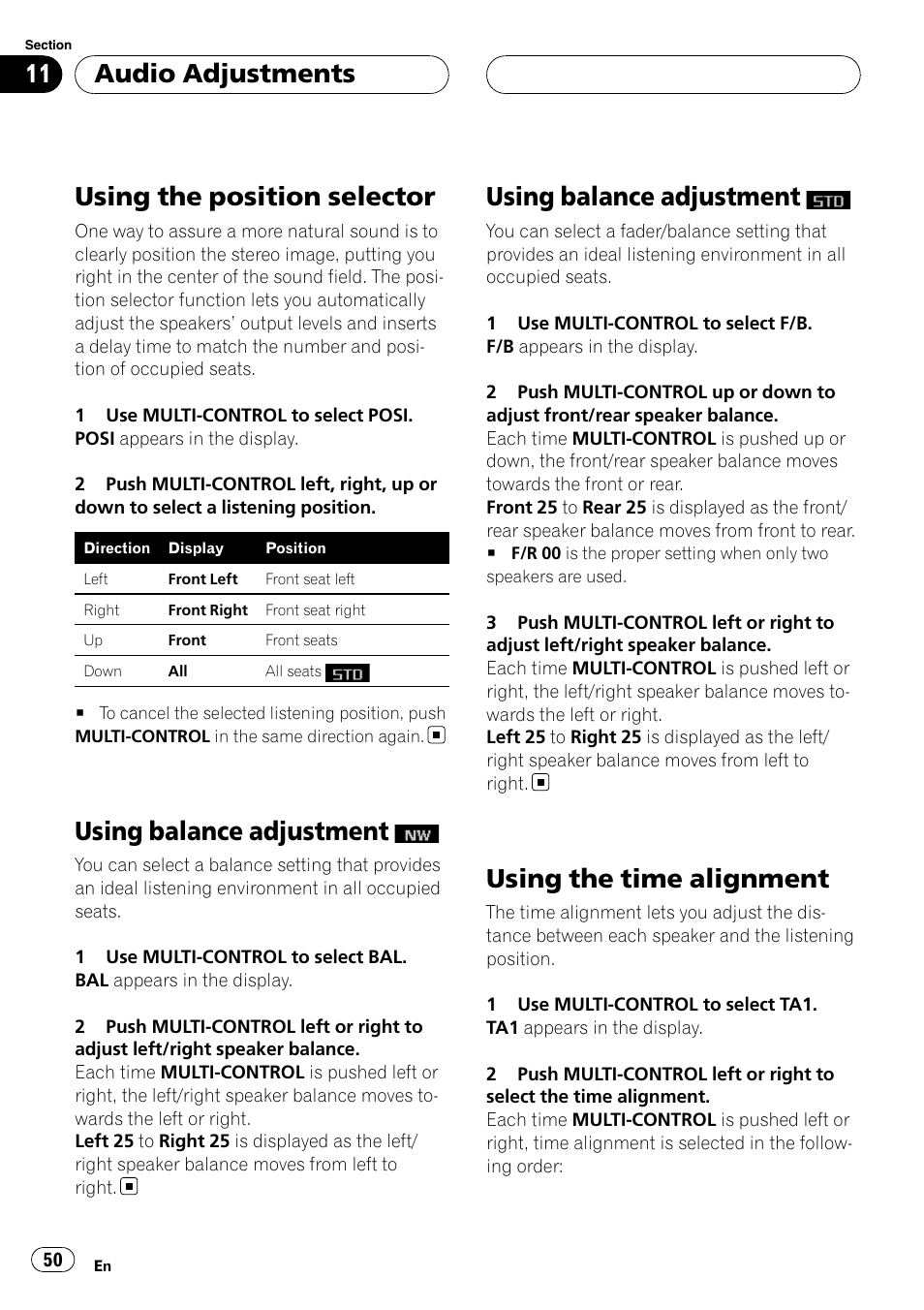 Using the position selector, Using balance adjustment, Using the time alignment | Audio adjustments | Pioneer Super Tuner III D DEH-P80RS User Manual | Page 50 / 165