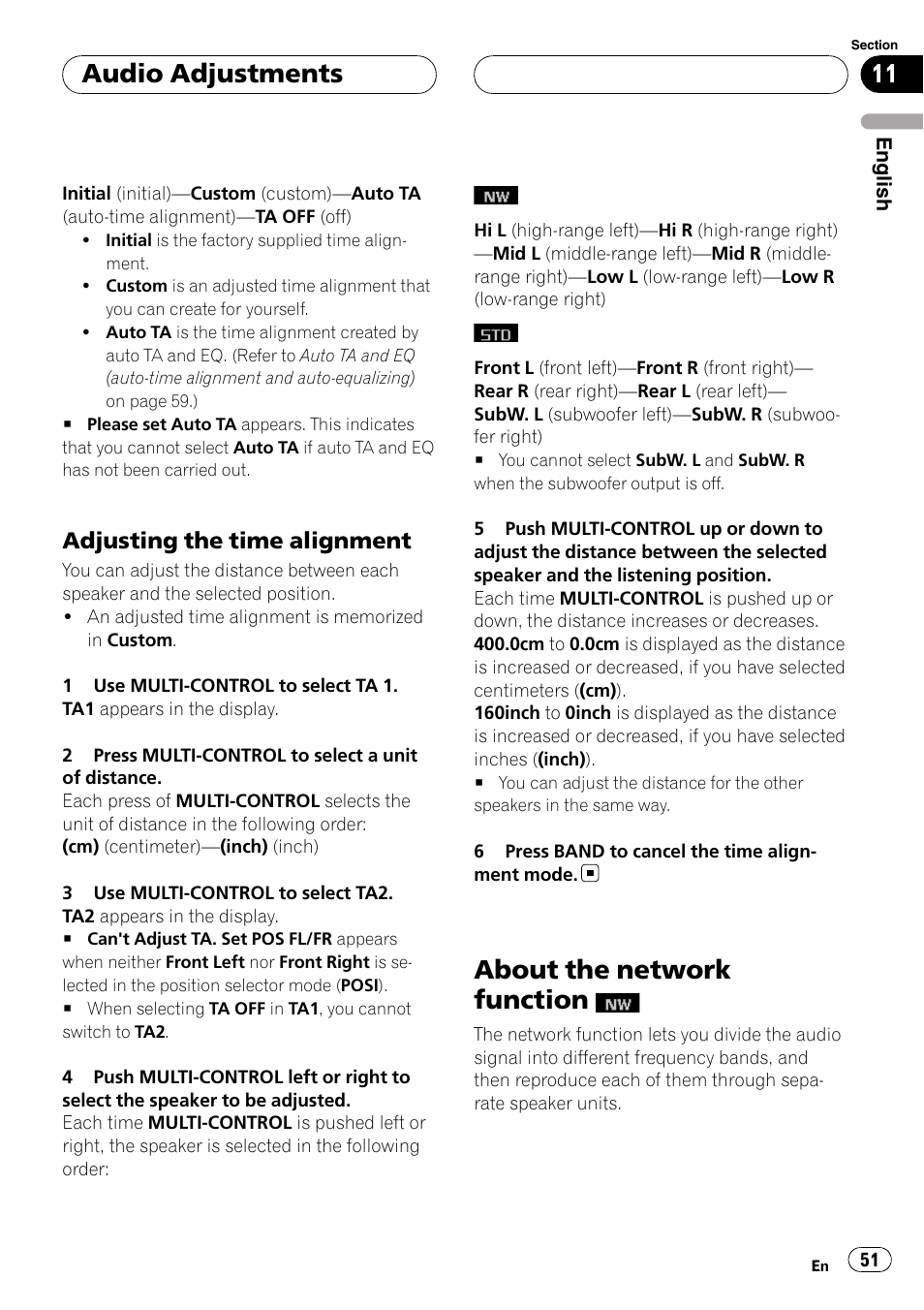 Adjusting the time alignment 51, About the network function, Adjusting the time alignment | Audio adjustments | Pioneer Super Tuner III D DEH-P80RS User Manual | Page 51 / 165