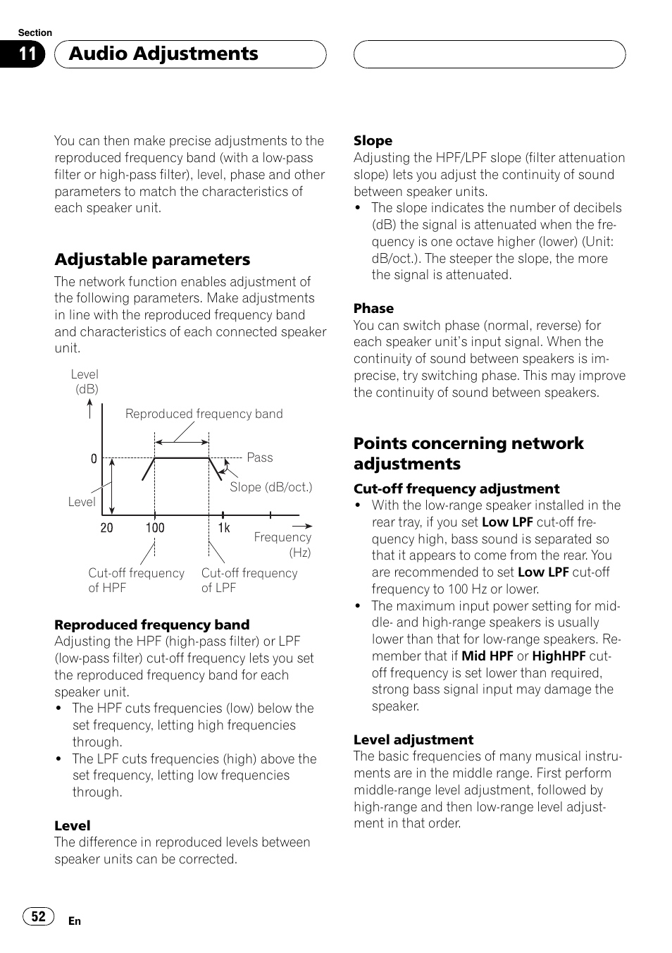 Adjustable parameters 52, Points concerning network, Adjustments | Audio adjustments, Adjustable parameters, Points concerning network adjustments | Pioneer Super Tuner III D DEH-P80RS User Manual | Page 52 / 165