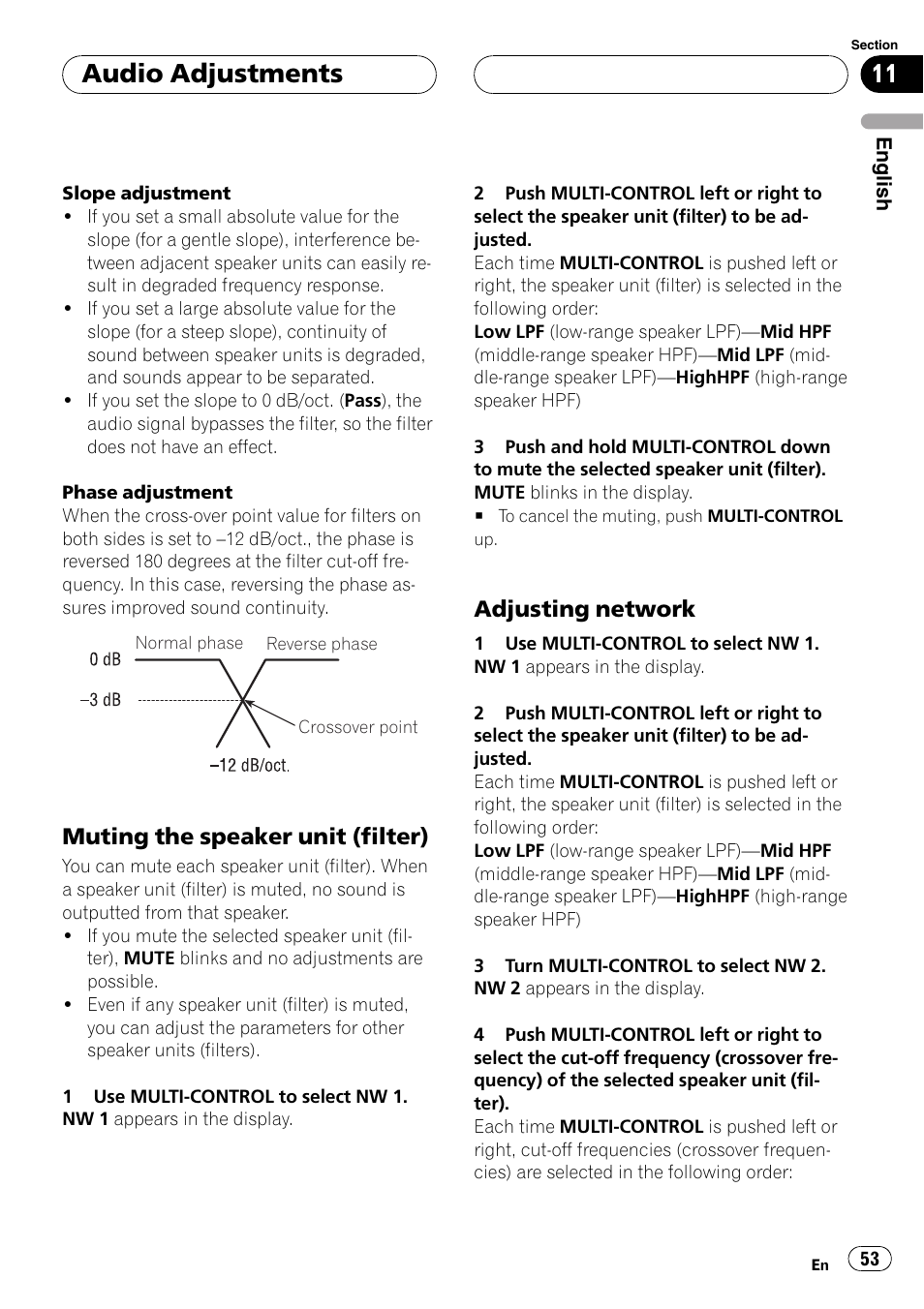 Muting the speaker unit (filter) 53, Adjusting network 53, Adjusting network | Audio adjustments, Muting the speaker unit (filter) | Pioneer Super Tuner III D DEH-P80RS User Manual | Page 53 / 165