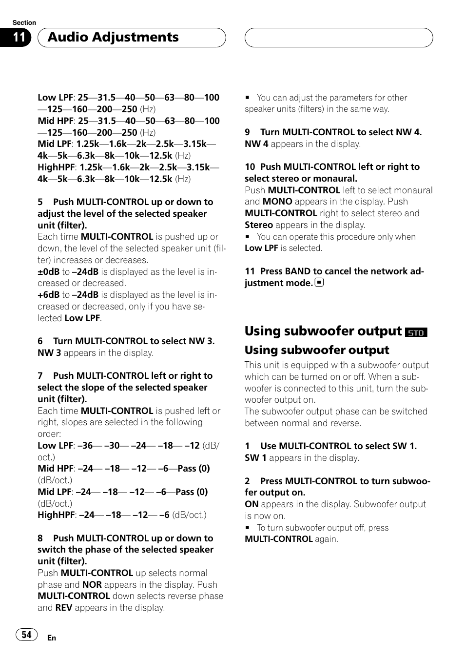 Using subwoofer output, Using subwoofer output 54, Audio adjustments | Pioneer Super Tuner III D DEH-P80RS User Manual | Page 54 / 165