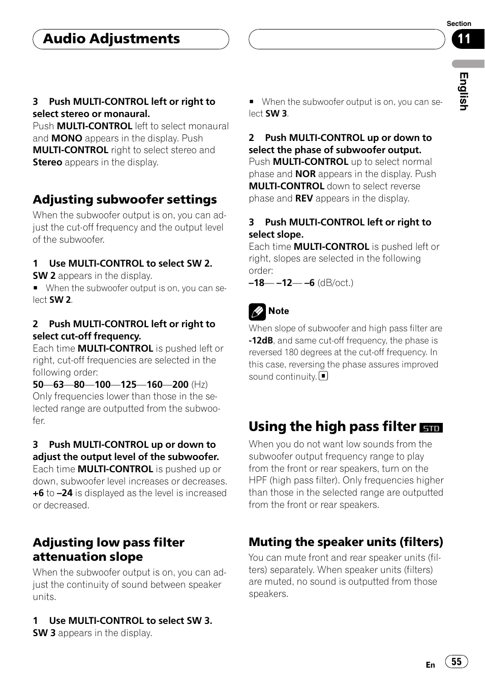 Adjusting subwoofer settings 55, Adjusting low pass filter attenuation, Slope | Using the high pass filter, Muting the speaker units (filters) 55, Adjusting subwoofer settings, Adjusting low pass filter attenuation slope, Audio adjustments, Muting the speaker units (filters) | Pioneer Super Tuner III D DEH-P80RS User Manual | Page 55 / 165