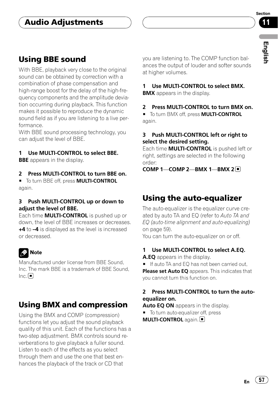 Using bbe sound, Using bmx and compression, Using the auto-equalizer | Audio adjustments | Pioneer Super Tuner III D DEH-P80RS User Manual | Page 57 / 165