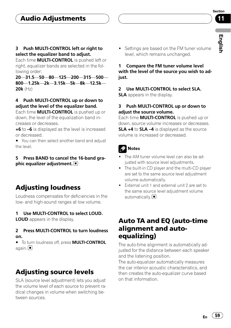 Adjusting loudness, Adjusting source levels, Auto ta and eq (auto-time alignment and | Auto-equalizing), Auto ta and eq (auto-time alignment and auto, Equalizing), Audio adjustments | Pioneer Super Tuner III D DEH-P80RS User Manual | Page 59 / 165