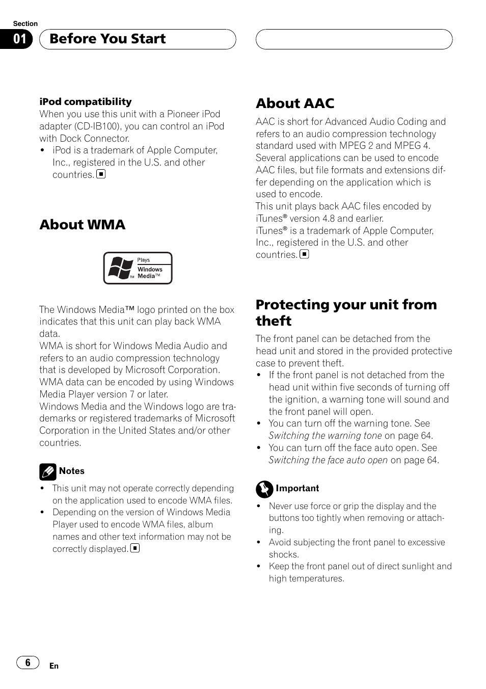 About wma, About aac, Protecting your unit from theft | Before you start | Pioneer Super Tuner III D DEH-P80RS User Manual | Page 6 / 165