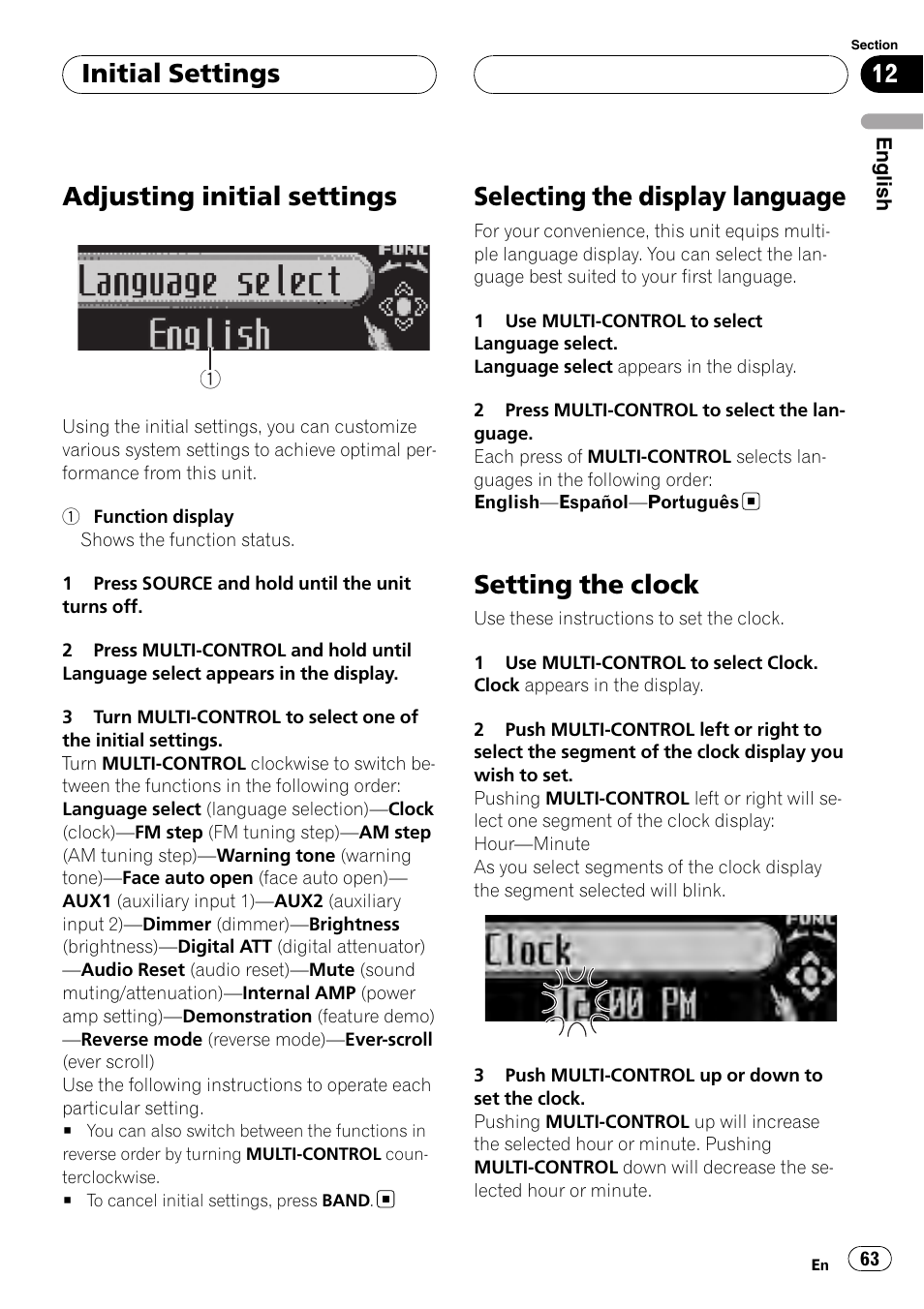 Initial settings adjusting initial settings, Selecting the display language, Setting the clock | Initial settings, Adjusting initial settings | Pioneer Super Tuner III D DEH-P80RS User Manual | Page 63 / 165