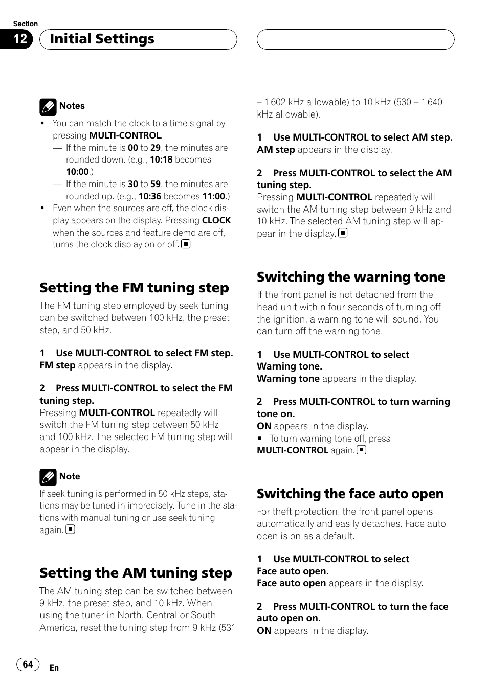 Setting the fm tuning step, Setting the am tuning step, Switching the warning tone | Switching the face auto open, Initial settings | Pioneer Super Tuner III D DEH-P80RS User Manual | Page 64 / 165