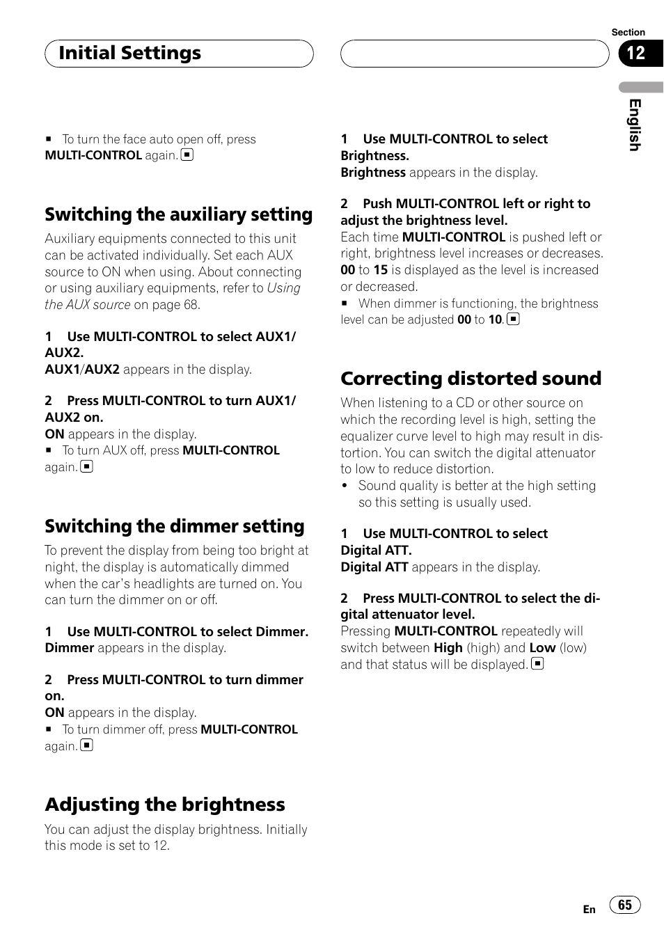Switching the auxiliary setting, Switching the dimmer setting, Adjusting the brightness | Correcting distorted sound, Initial settings | Pioneer Super Tuner III D DEH-P80RS User Manual | Page 65 / 165