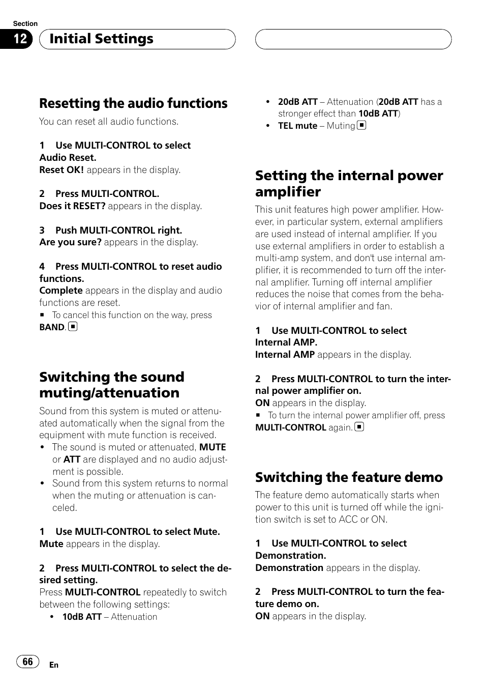 Resetting the audio functions, Switching the sound muting/attenuation, Setting the internal power amplifier | Switching the feature demo, Initial settings | Pioneer Super Tuner III D DEH-P80RS User Manual | Page 66 / 165