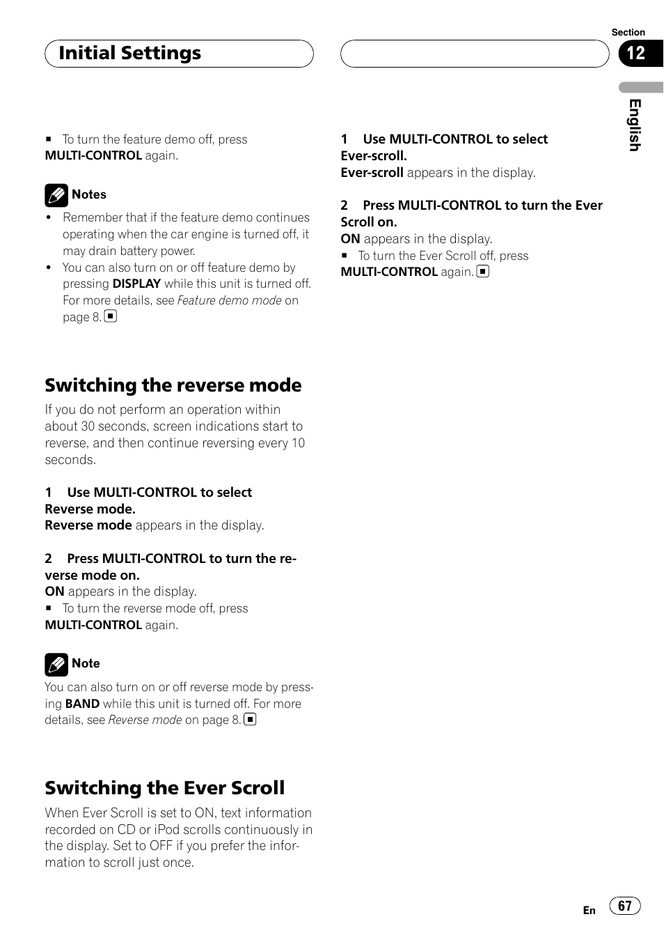 Switching the reverse mode, Switching the ever scroll, Initial settings | Pioneer Super Tuner III D DEH-P80RS User Manual | Page 67 / 165