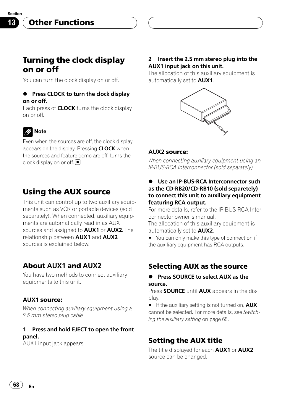 Using the aux source, About aux1 and aux2 68, Selecting aux as the source 68 | Setting the aux title 68, Turning the clock display on or off, Other functions | Pioneer Super Tuner III D DEH-P80RS User Manual | Page 68 / 165