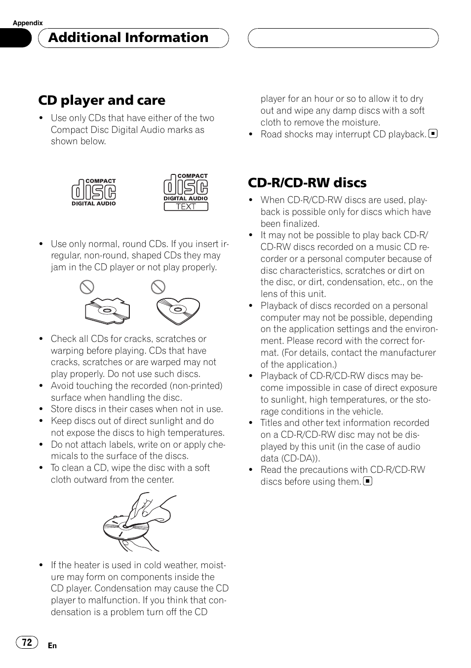 Cd player and care, Cd-r/cd-rw discs, Additional information | Pioneer Super Tuner III D DEH-P80RS User Manual | Page 72 / 165