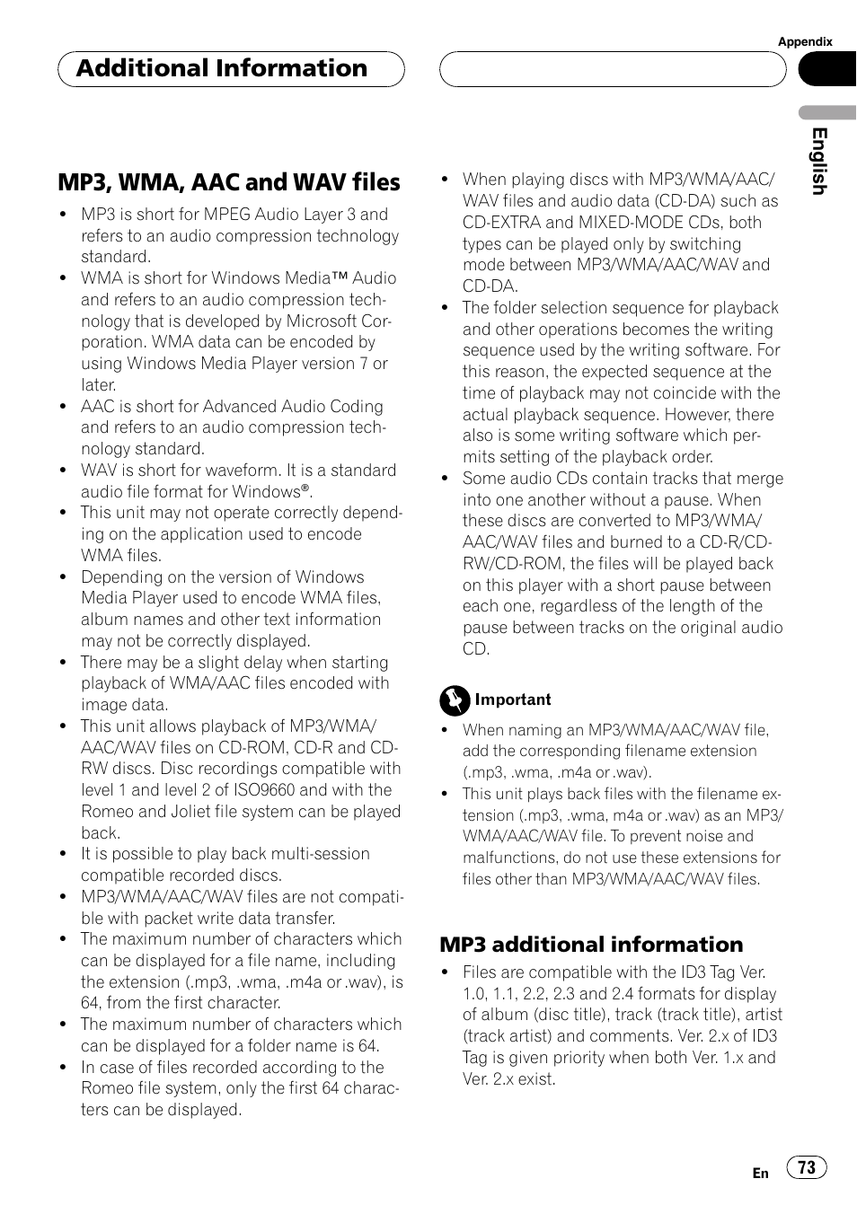Mp3, wma, aac and wav files, Mp3 additional information 73, Additional information | Mp3 additional information | Pioneer Super Tuner III D DEH-P80RS User Manual | Page 73 / 165