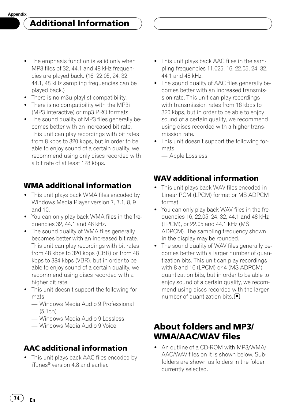 Wma additional information 74, Aac additional information 74, Wav additional information 74 | About folders and mp3/wma/aac/wav, Files, About folders and mp3/ wma/aac/wav files, Additional information, Wma additional information, Aac additional information, Wav additional information | Pioneer Super Tuner III D DEH-P80RS User Manual | Page 74 / 165
